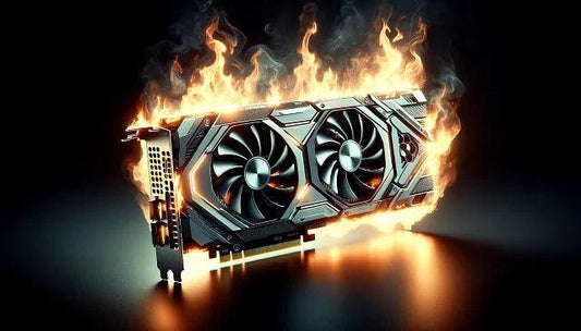 High-performance graphics card with dual fans surrounded by flames, representing overheating issue