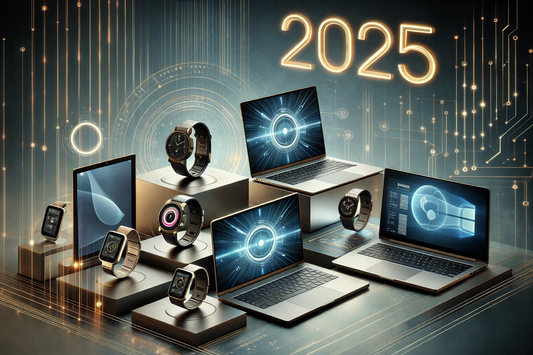 Display of modern refurbished laptops, tablets, and smartwatches with a futuristic 2025 theme