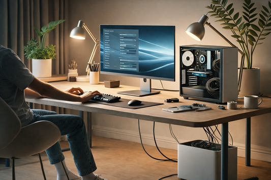 Modern desktop computer setup on wooden desk with large monitor, open PC case, and tech accessories