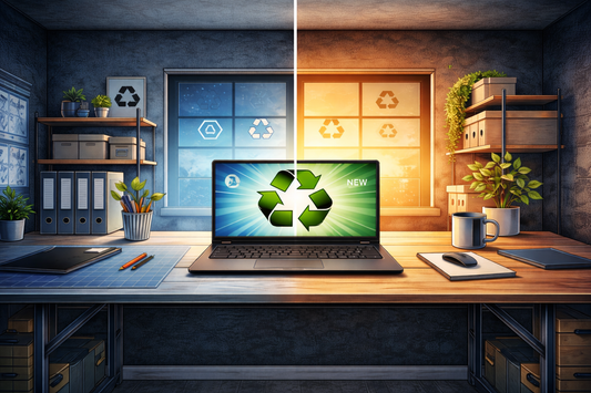 Refurbished laptop on desk with recycle symbol, plants, and organized office setting