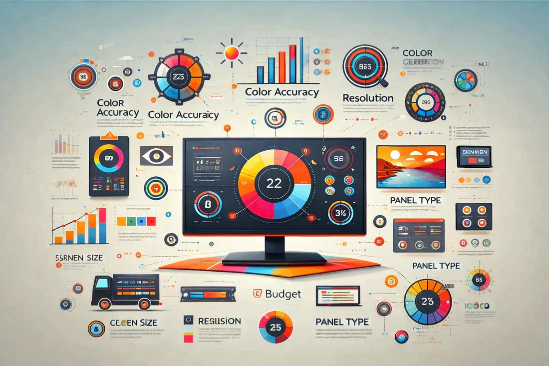 Infographic showing computer monitor display, color accuracy, resolution, and screen size charts.