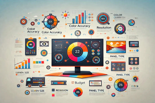 Infographic showing computer monitor display, color accuracy, resolution, and screen size charts.