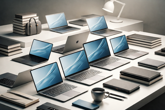 Multiple refurbished laptops on desks with books, lamp, and coffee cup in modern office setting