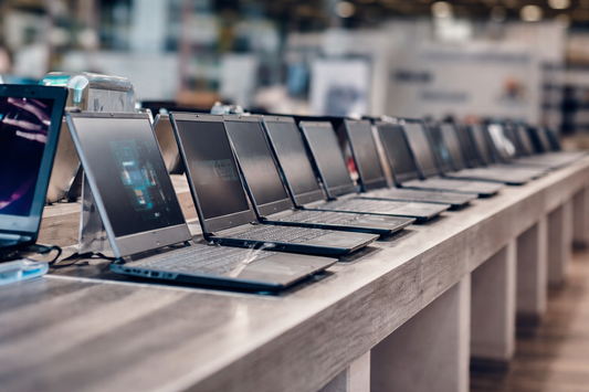 Row of refurbished laptops on display in an electronics store setting