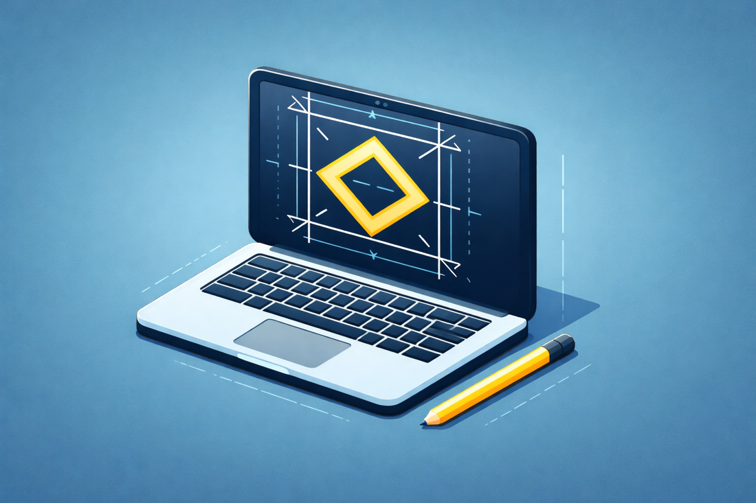 Open laptop with technical blueprint on screen and yellow pencil, symbolizing refurbished computers