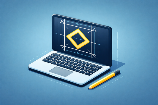 Open laptop with technical blueprint on screen and yellow pencil, symbolizing refurbished computers
