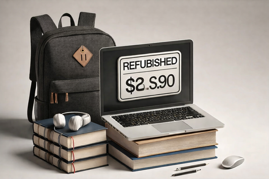 Refurbished laptop on books with backpack, headphones, mouse, and pen, affordable tech setup