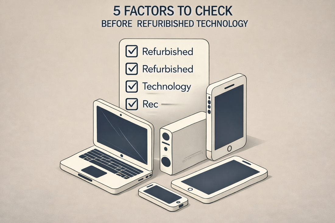 Infographic with checklist and various refurbished electronics including laptop, tablet, and smartphone, showing tips to check before buying refurbished technology.