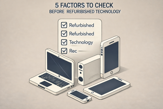 Infographic with checklist and various refurbished electronics including laptop, tablet, and smartphone, showing tips to check before buying refurbished technology.