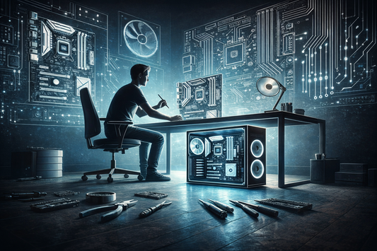 Technician repairing desktop computer with computer parts and circuit boards in high-tech workspace