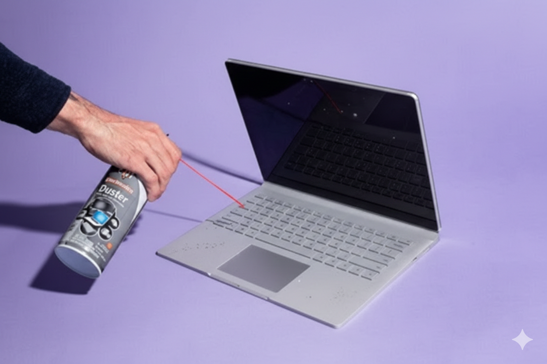 Hand cleaning silver laptop keyboard with canned air duster on purple background
