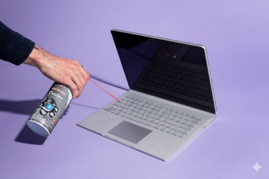 Hand cleaning silver laptop keyboard with canned air duster on purple background