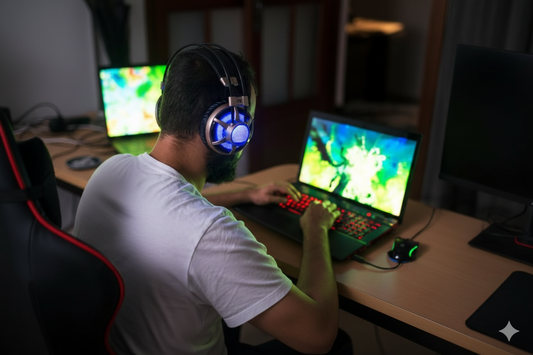 Person using a gaming laptop with RGB keyboard and headphones at a desk