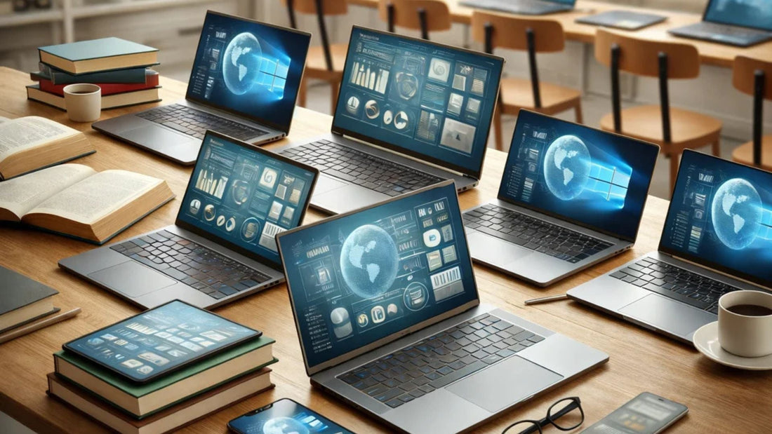 Multiple refurbished laptops on a classroom desk with books and coffee