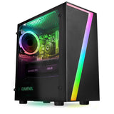 RGB gaming desktop PC with glass side panel, ASUS GeForce RTX graphics, and LED lights