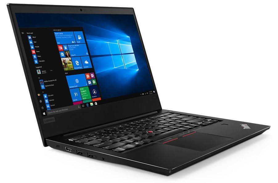 Lenovo ThinkPad laptop with Windows 10 open, black keyboard, angled left view