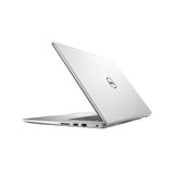Silver Dell laptop partially open, side ports visible, minimalist white background