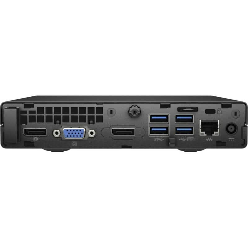 Back view of a refurbished desktop mini PC showing HDMI, VGA, USB, Ethernet, and power ports.
