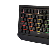 Close-up of black LED backlit gaming keyboard with rainbow RGB lighting