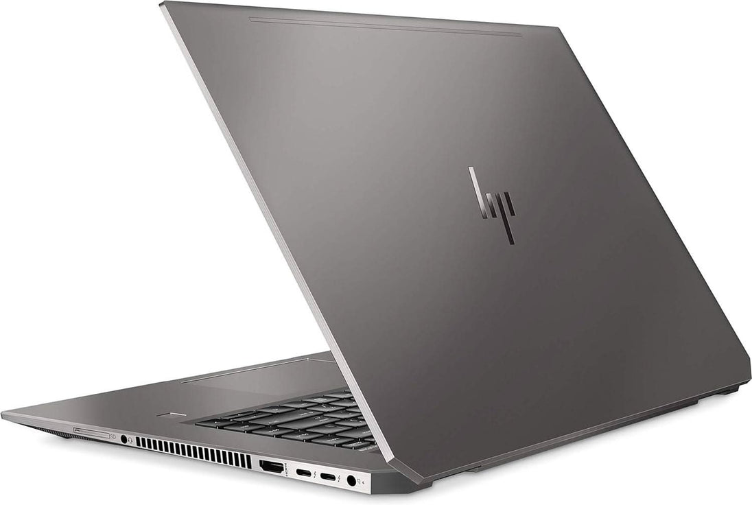 Refurbished HP professional laptop with grey finish, partially open, rear side view