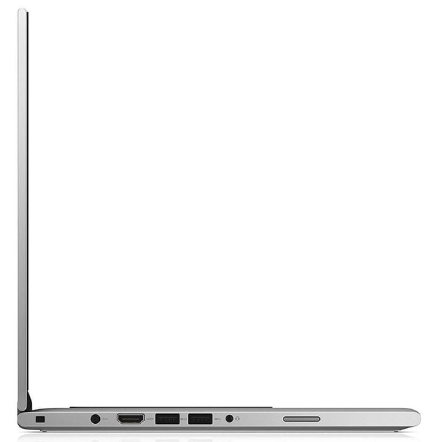 Slim silver laptop side profile showing USB, HDMI, and audio ports on a white background