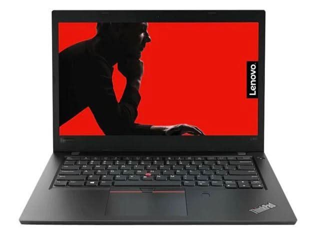 Lenovo ThinkPad laptop with black keyboard and red background on display