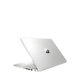 Silver HP laptop partially open, backlit keyboard, side ports, isolated on white background
