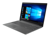 Grey refurbished laptop with Windows 10 open, angled view showing keyboard and display