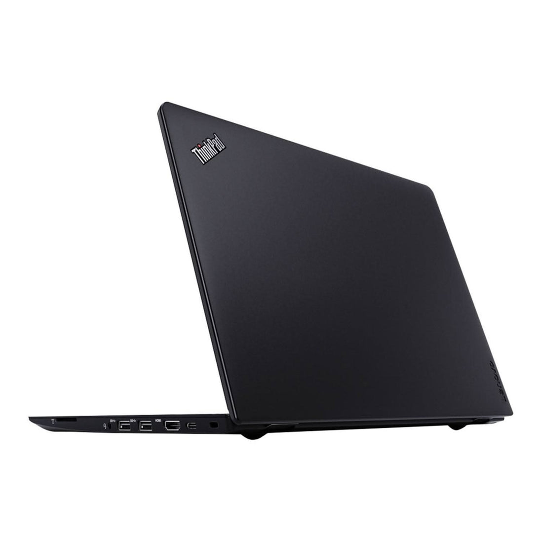 Black Lenovo ThinkPad laptop with ports visible, partially open on white background