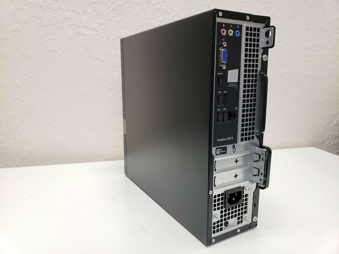 Rear view of Dell Vostro 3471 desktop tower with visible ports and expansion slots
