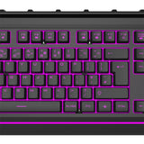 Black gaming keyboard with purple LED backlight and highlighted function keys
