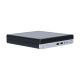 Refurbished HP ProDesk mini desktop computer with front-facing ports on a white background