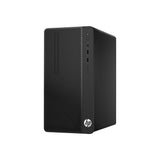 Black HP desktop computer tower with front USB ports on white background