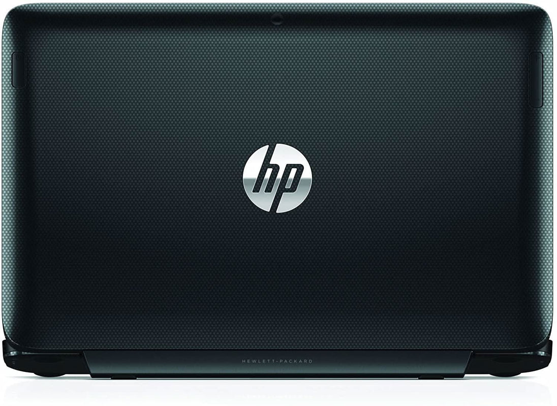 Black HP laptop closed with textured lid and silver HP logo, professional computer