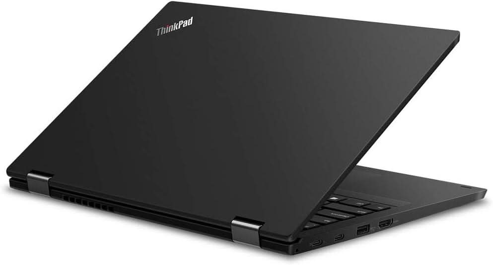 Refurbished black ThinkPad laptop partially open, showing ports and keyboard