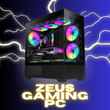 RGB Zeus gaming PC tower with glass side panel, colorful fans, and lightning effects
