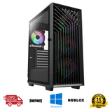 Black gaming PC case with RGB fans, Windows 10, Fortnite and Roblox compatible, fast delivery, 14-day guarantee.