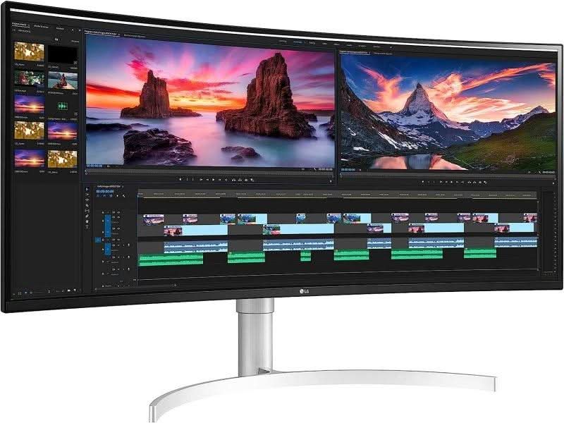 Ultra-wide LG monitor displaying video editing software with colorful landscapes