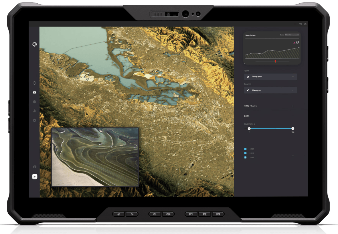 Rugged tablet displaying a topographic map with data graph and satellite imagery