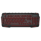 Black and red wired gaming keyboard with illuminated keys and multimedia buttons