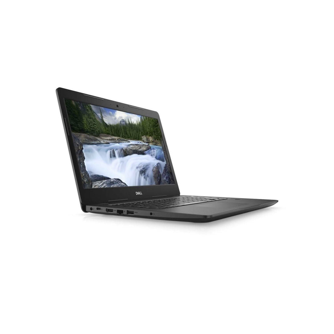 Refurbished Dell laptop with open screen displaying waterfall, angled left side view