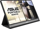 ASUS portable monitor display with stand, showing a close-up of its screen and sleek design