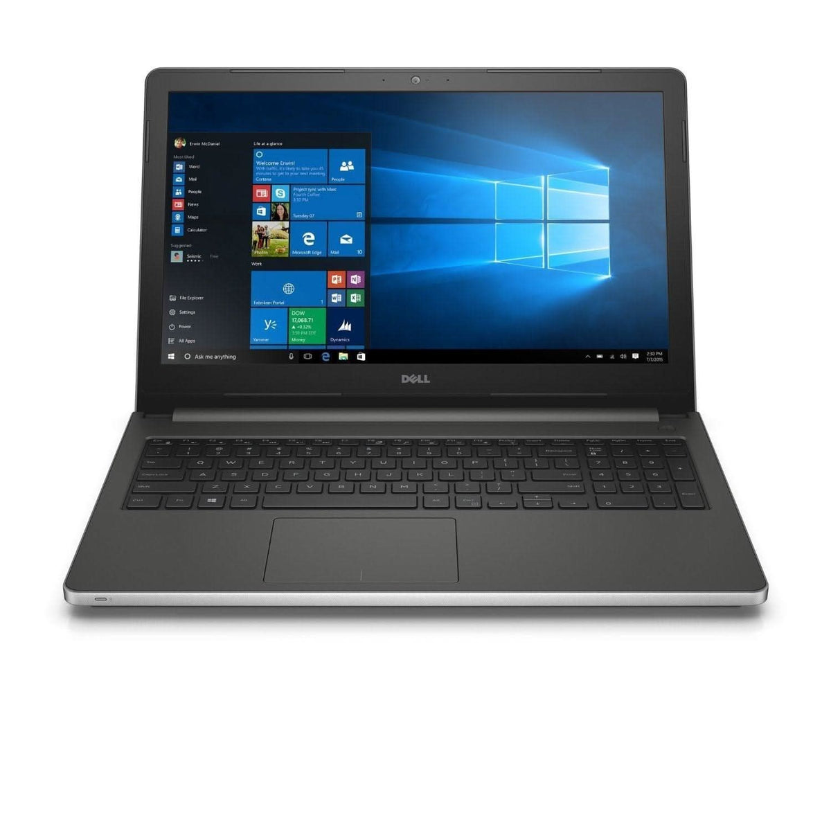 Dell laptop with Windows 10 open, black keyboard, displayed on white background