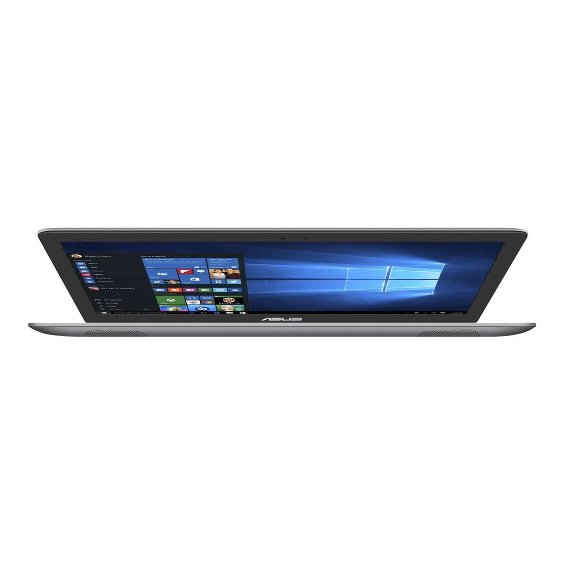 Asus laptop partially open displaying Windows 10 desktop on a clean white background