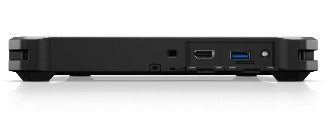 Close-up of laptop rear ports including HDMI, USB, and power input on a black device