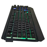 Black mechanical keyboard with RGB backlighting, angled view on white background