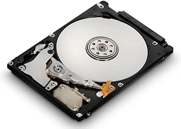 Open internal hard drive disk with visible platter and read arm on white background