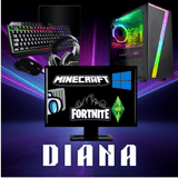RGB gaming PC setup with keyboard, mouse, headset, monitor showing Minecraft and Fortnite logos