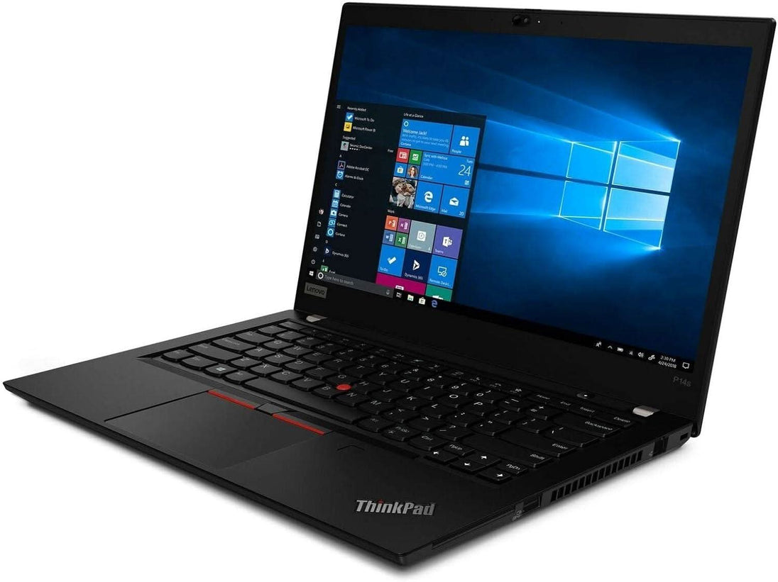 Lenovo ThinkPad P14s laptop with Windows 10, black keyboard, and open display.