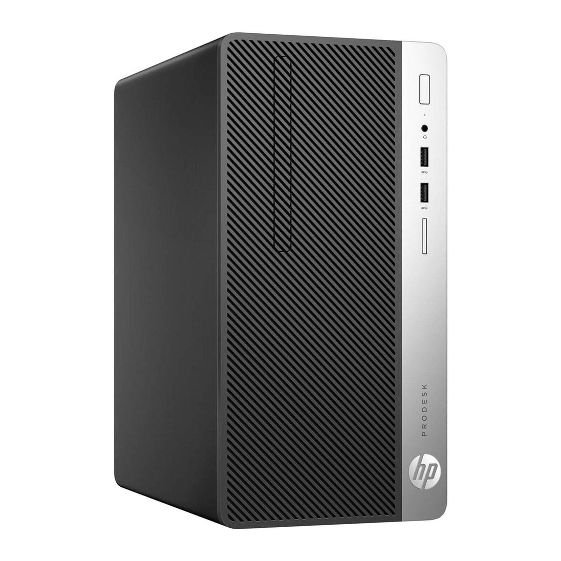 HP ProDesk desktop computer tower with USB ports and headphone jack, front view